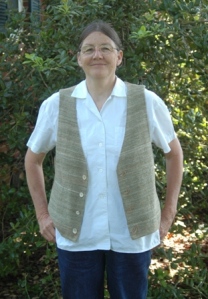 Cindy in her homegrown, handspun cotton vest.